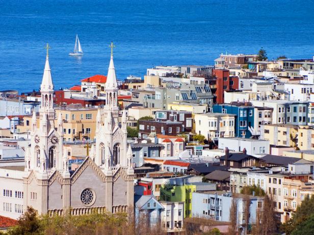 The twin spires of Saints Peter and Paul Church above the Italian North Beach District in San Francisco