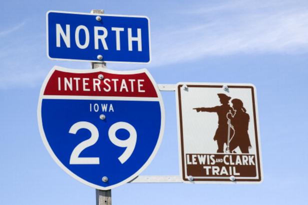 Lewis and Clark Trail marker on North Interstate 29 Iowa USA - sign, signpost, direction, marker, travel. (Photo by: Universal Images Group via Getty Images)