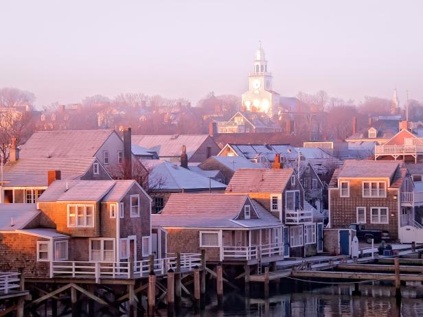 Nantucket town at sunrise in the fog. Nantucket town at sunrise in the fog.