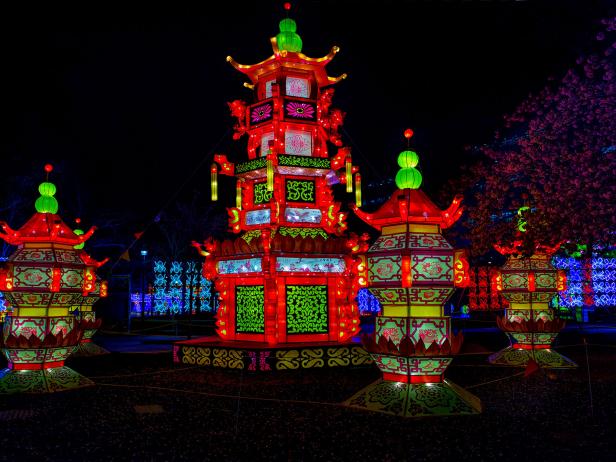 A nighttime shot of the China Nights exhibition at Boerner Botanical Gardens A nighttime shot of the China Nights exhibition at Boerner Botanical Gardens