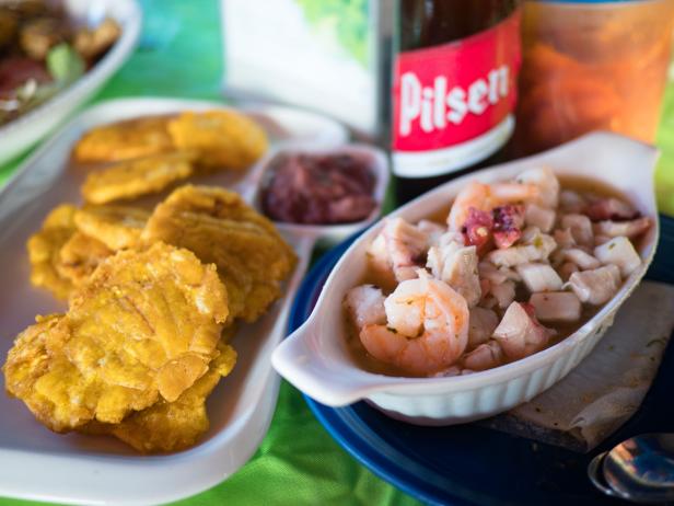 Ceviche and plantain chips. Ceviche and plantain chips.