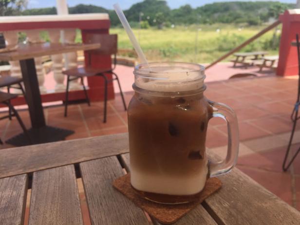 Mason Jar of Iced Coffee With Farm Land in Background