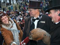 Punxsutawney Phil speaks to members of a media team from Russia during Groundhog Day 2009.