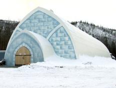 An exterior shot of the Aurora Ice Hotel, the only ice hotel in America, located 60 miles from Fairbanks, AK.