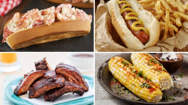 barbecue ribs, corn on the cob, lobster roll and hot dog