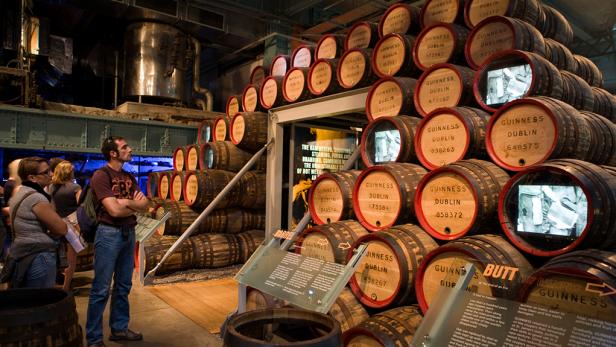  'Barrels at cooperage display at the Guinness Storehouse brewery.'