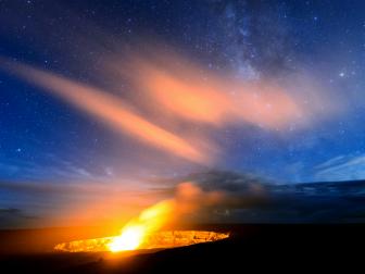 Kilauea Crater at Volcano National Park in Hawaii at night showing the Milky Way