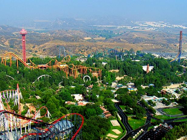 amusement park, aerial, greenery,