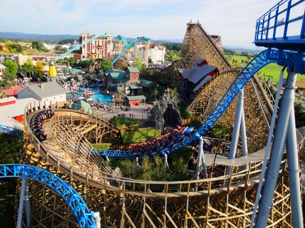 wooden roller coaster, amusement park, daytime, blue sky, wooden roller coaster, amusement park, daytime, blue sky,