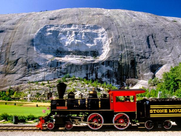 train, mountain, carving in mountain cliff, blue sky, greenery, daylight, train, mountain, carving in mountain cliff, blue sky, greenery, daylight,