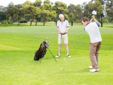father, son, golfing, golf, course