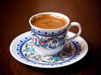 close up of turkish coffee on table in traditional cup