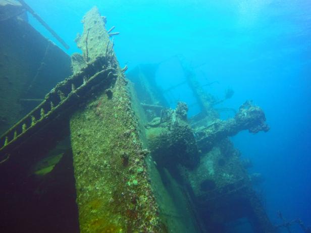 Wreck of the Antilla laying on its side off Aruba. A World War II era wreck.