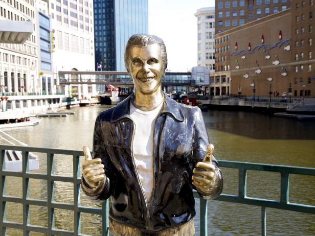 MILWAUKEE, WI - JUNE 15:  Gerald P. Sawyer's "Fonz" statue, sits on the Riverwalk in Milwaukee, Wisconsin on JUNE 15, 2012.  (Photo By Raymond Boyd/Michael Ochs Archives/Getty Images)