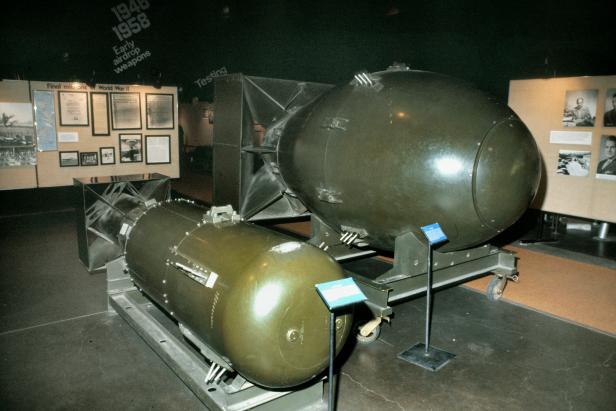 Replicas of the first Atomic bombs, Little Boy, left, was the first nuclear weapon used in warfare, over Hiroshima, Japan, on the morning of August 6, 1945, Fat Man, right, was used on Nagasaki, Japan, on August 9, 1945, National Atomic Museum, Albuquerque, New Mexico, USA. (Photo by: MyLoupe/UIG via Getty Images)