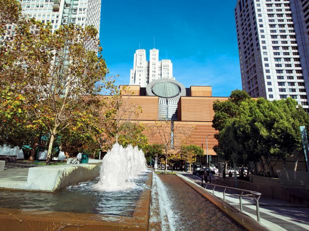 The San Francisco Museum of Modern Art across the street from fountains at Yerba Buena Gardens