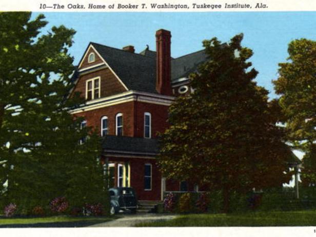UNITED STATES - CIRCA 1941:  Postcard view of the exterior of The Oaks. The red brick two story structure is the home of Booker T. Washington.  (Photo by Lake County Museum/Getty Images)