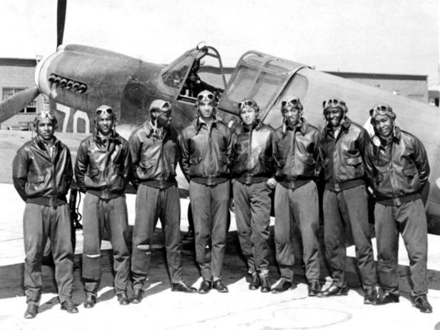 TUSKEGEE, AL - UNDATED:  A group photo of The Tuskeegee Airmen, the black fighter pilots of the 99th Pursuit Squadron, later incorporated into the 332nd Fighter Group, who fought during World War II in the U.S. Army Air Corps that were trained at Tuskegee Army Air Field in Tuskegee, Alabama.  (Photo by A724/Gamma-Rapho via Getty Images  )