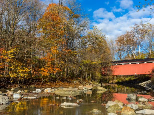 Stones in river, autumn trees and bridge, Everett Road Covered Bridge, Furnace Run Creek, Blue Hens Falls, Cuyahoga National Park, Ohio, USA