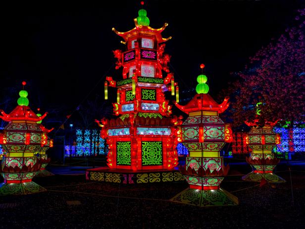 A nighttime shot of the China Nights exhibition at Boerner Botanical Gardens