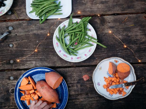Green beans and sweet potatoes.