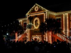 St. Georgeâ  s Town Hall, festooned with holiday lights for the annual New Yearâ  s Eve Bermuda Onion Drop.