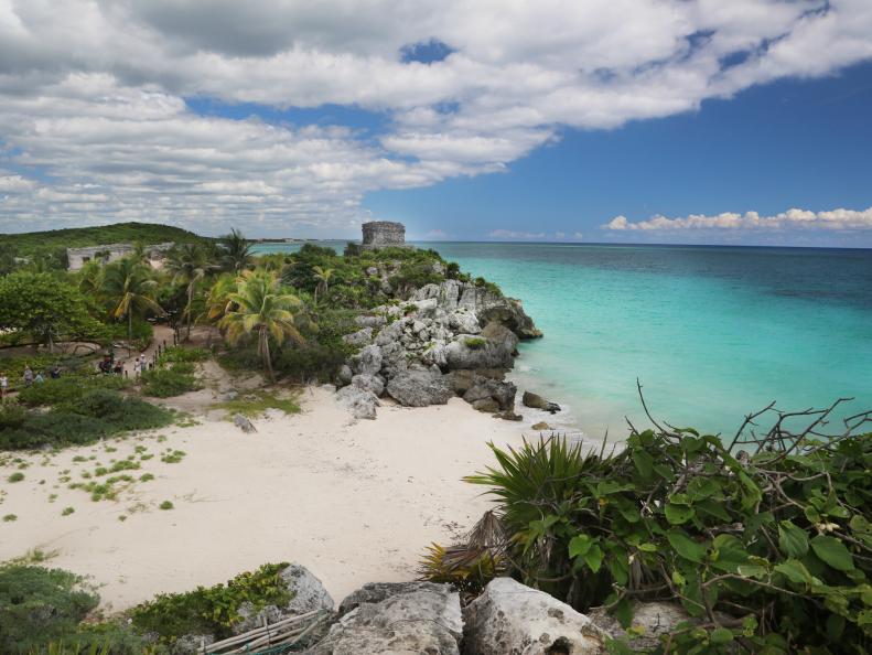 Ruins next to Tulum Beach in Tulum, Mexico as seen on Travel Channel's Top Secret Beaches episode TTSB101H.