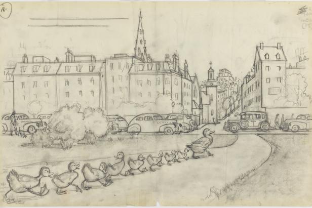 Sketch of Ducklings Walking on Sidewalk