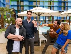Food network's Duff Goldman (L) and HGTV's Jonathan Scott (LC) get teased by HGTV's Drew Scott (LC) and Food Network's Tia Mowry (R) by the pool at the Linq hotel and Casino, as seen during the 2016 All Star Halloween Spectacular. (portrait)