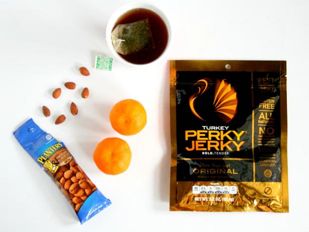Of all the processed foods you will find at the gas station, beef jerky may be one of the best choices believes Registered Dietitian, Jessica Spiro. Jerky can be high in sodium so look for a low sodium option if available. Pair with plain or flavored almonds, mandarin oranges and a cup of hot tea. Jessica Lee Levings, MS, RDN also suggests that a cheese stick with a piece of fruit, a serving of beef jerky, and 5 whole grain crackers can create a balanced dinner.