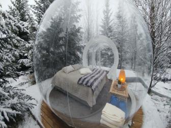 A clear bubble lodge at Buubble in Iceland