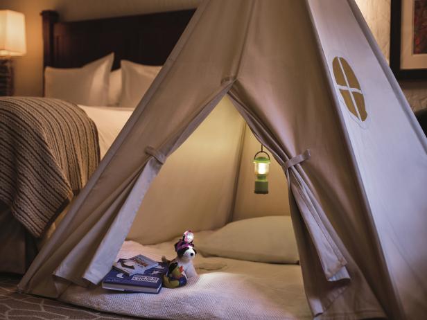 In-room camping in a teepee 