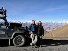 Mount Everest looms in the background as the Team 6 Rover pauses at the 17,125-foot Gyatso La pass in Tibet.