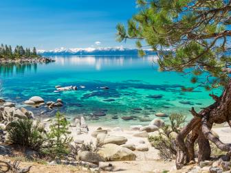 Photograph of Lake Tahoe near Sand Harbor. This is east shore line with many rocks and pine trees photographed in the morning during summer. Sierra Nevada mountains with snowy peaks reflecting in lake turquoise waters.