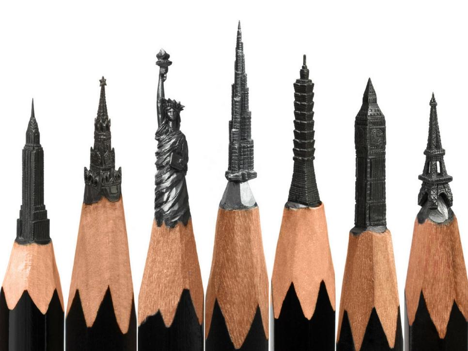 Pencil Points With the Statue of Liberty and Other Landmark Carvings