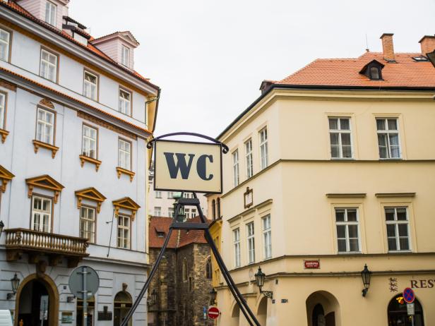WC or toilet banner installed in the middle of the town of Prague, Czech republic. 