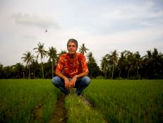 Anthony Bourdain squats in field as seen on Travel Channel's Anthony Bourdain: No Reservations.