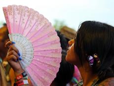 Bonnaroo Attending Wielding a Pink Fan