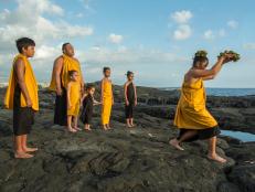 KONA, HAWAII, USA -MARCH 5 2018: A traditional Hawaiian ceremony before Bizzare Foods host Andrew Andrew Zimmern partakes in Ulua fishing (long pole cliff fishing) with locals on the Kona coast.