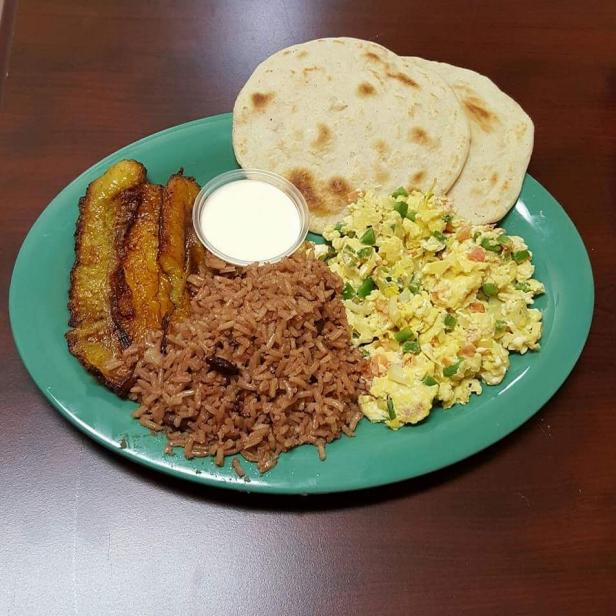 fried plantains, eggs, rice, tortillas, salvadoran and mexican