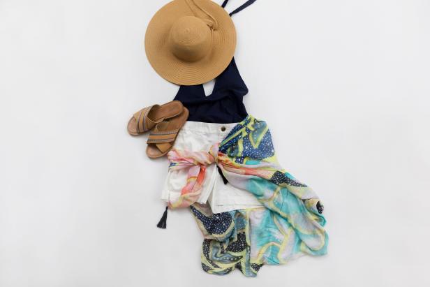 bathing suit and shorts summer outfit for capsule wardrobe