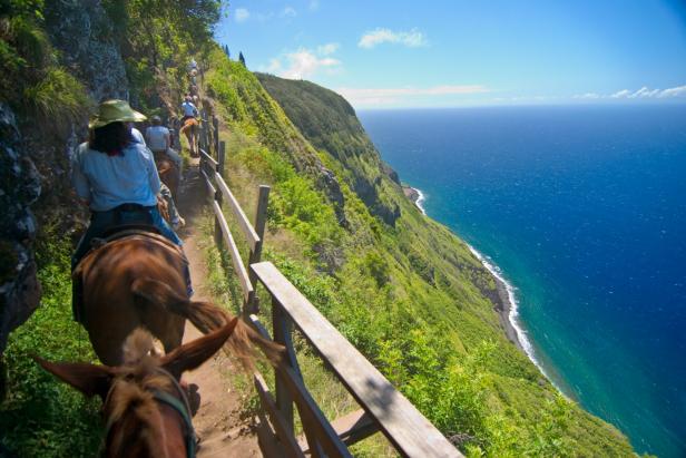 It's quiet as you ride on your mule along the 2.9-mile trail to Kalaupapa Peninsula. You'd be speechless too if you were descending from 1700 feet with steep drops and the Pacific before you. Three miles 26 switchbacks and 90 minutes of magnificent views later and you're back to sea level in the historic town of Kalaupapa.