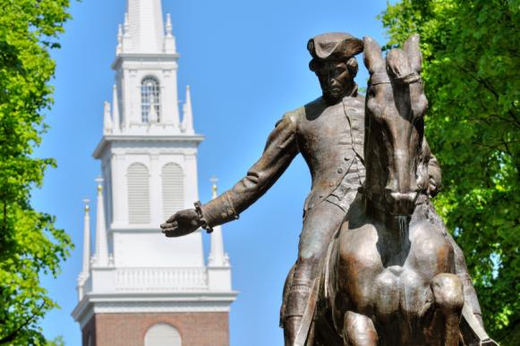 Paul Revere statue in Boston Freedom Trail, a national landmark and major tourist attraction. Old North Church steeple in the back.iStock_000009413960Small