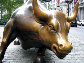 The Charging Bull, aka the Wall Street Bull, stands in Bowling Green Park down the street from the Stock Exchange.