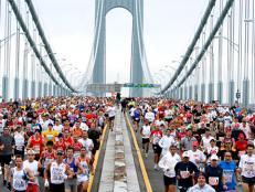Runners cross from Staten Island into Brooklyn over the Verrazano-Narrows Bridge after the start of the New York Marathon.