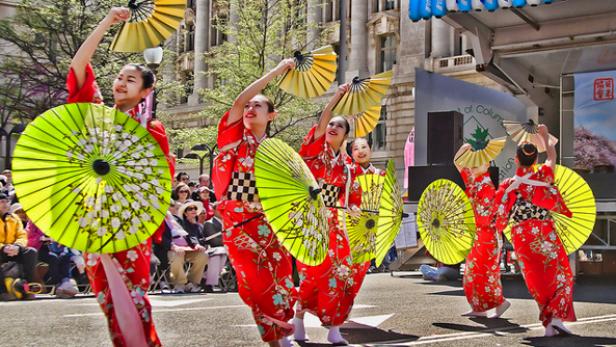 Cultural groups perform in the Sakura Maturo street festival on Pennsylvania Avenue following the annual National Cherry Blossom Festival parade.