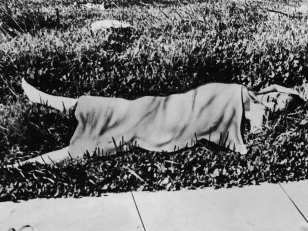  'The naked corpse of American aspiring actress and murder victim Elizabeth Short (1924 - 1947), known as the 'Black Dahlia,' lies on a grassy field covered by a blanket after the body was discovered in a vacant lot in the Leimert Park neighborhood of Los Angeles, California, January 15, 1947. Short's murdered body was severly mutilated and severed at the waist. The murder still remains unsolved. (Photo by INTERNATIONAL NEWS PHOTO/Getty Images)'