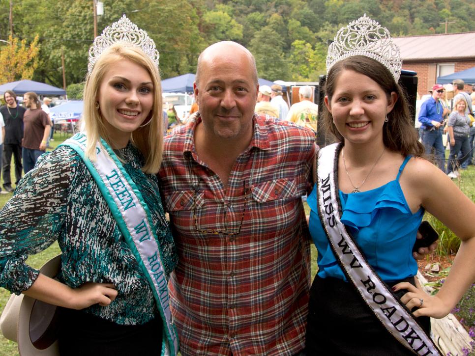 Andrew Zimmern with Miss West Virginia Roadkill and Miss Teen West Virginia Roadkill