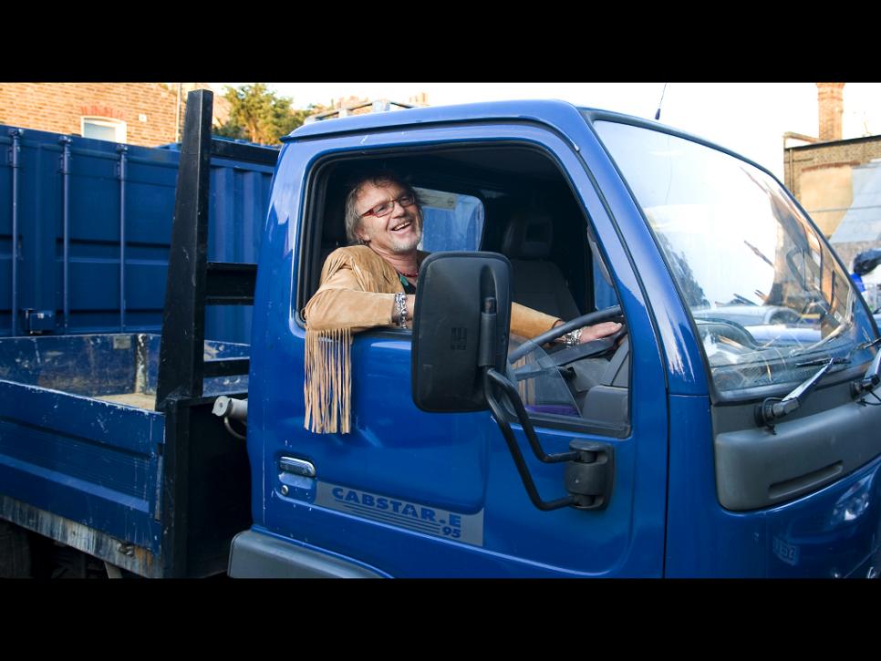 Laurence Martin driving a truck in London