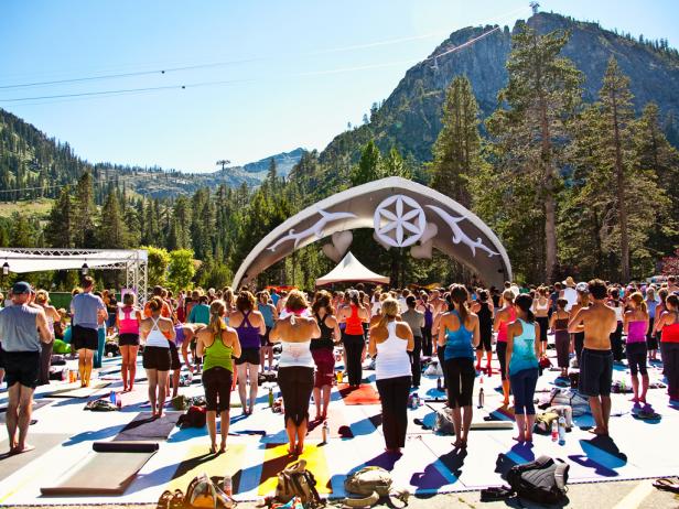 Nature-loving yogis practice in the crisp mountain air at Wanderlust in Squaw Valley. 